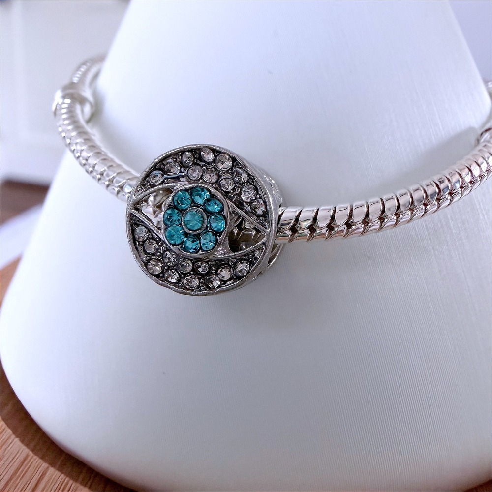 Silver Evil Eye Bead Charm Fits Snake Chain Bracelet Crystal Turquoise Blue - Picture 4 of 7